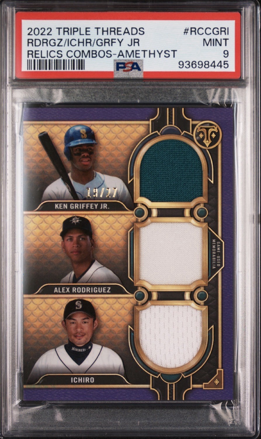 2022 Triple Threads Ken Griffey Jr/ A-Rod/ Ichiro GU Patch Amethyst /27 PSA 9