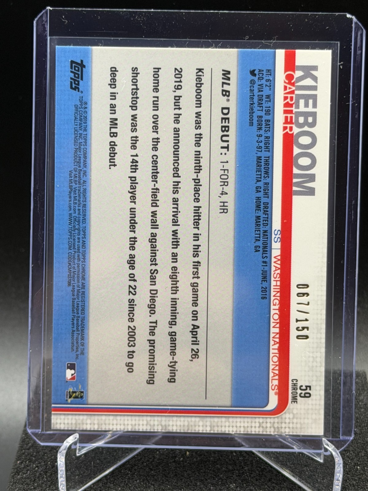 Carter Kieboom 2019 Topps Chrome Blue Refractor #67/150 (RC) – Nationals