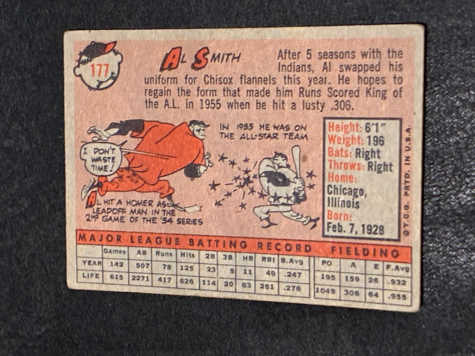 1958 Topps Chicago White Sox Al Smith #177 – No Creases – Unknown Stain Top Left