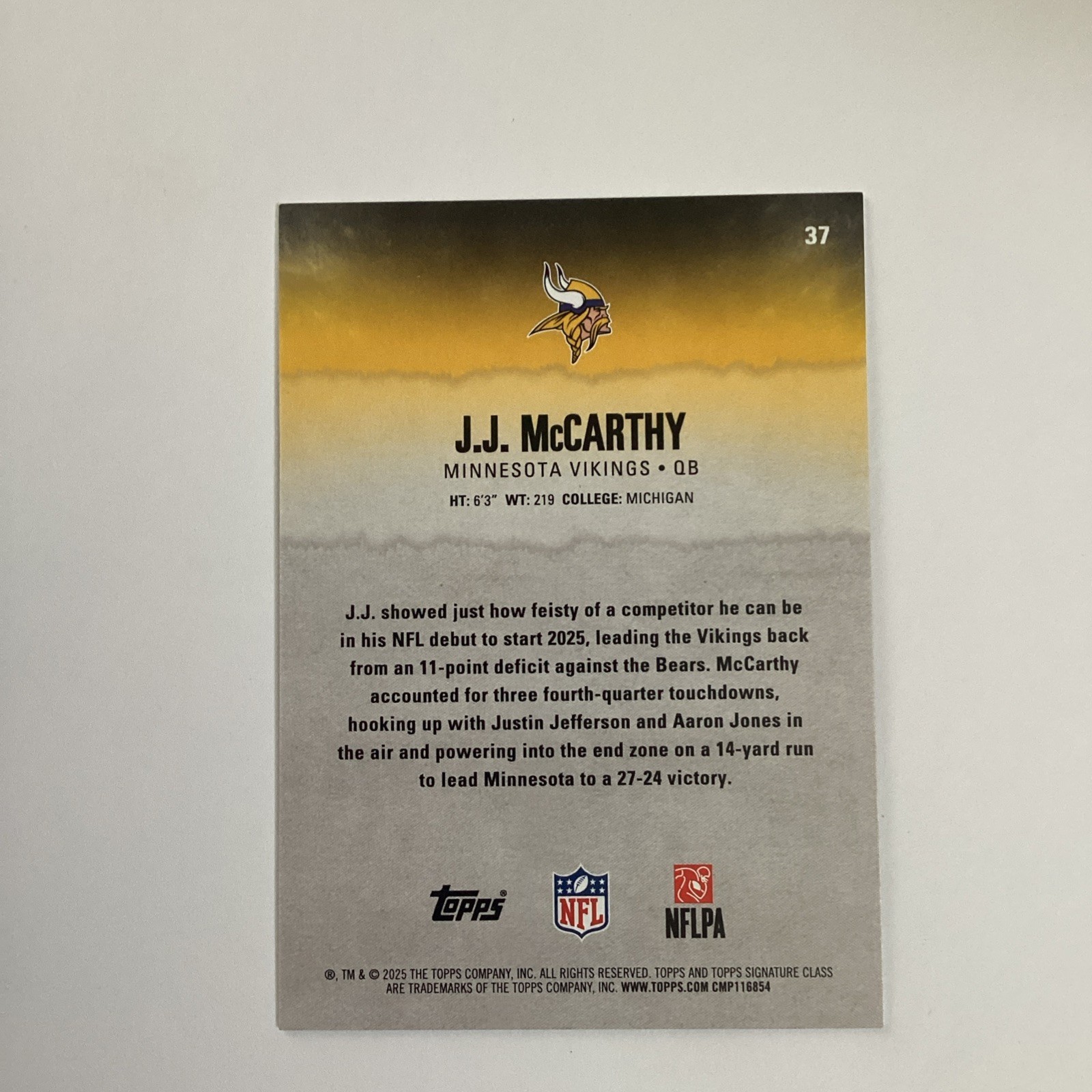 2025 Topps Signature Class – JJ McCarthy Gold /35 Vikings #37