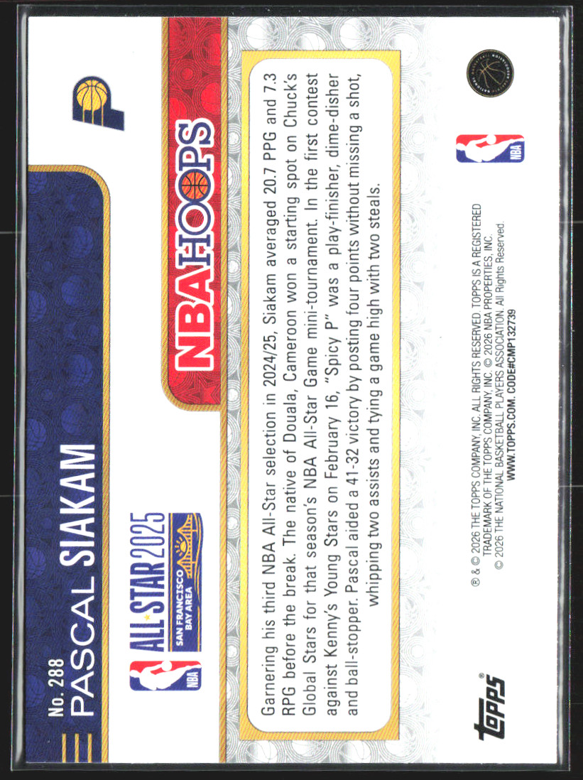 2026 Topps NBA Hoops Pascal Siakam All-Stars Insert #288 Basketball Card 🔥🏀