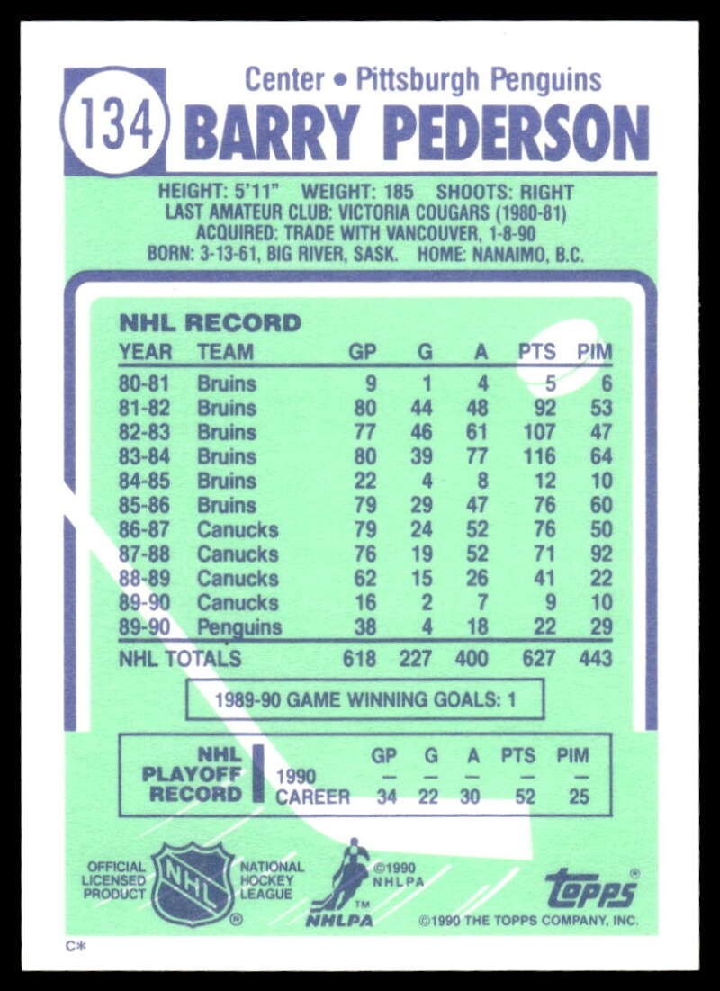 1990-91 TOPPS NHL HOCKEY NM/M Card #134 🤩 BARRY PEDERSON, Pittsburgh Penguins