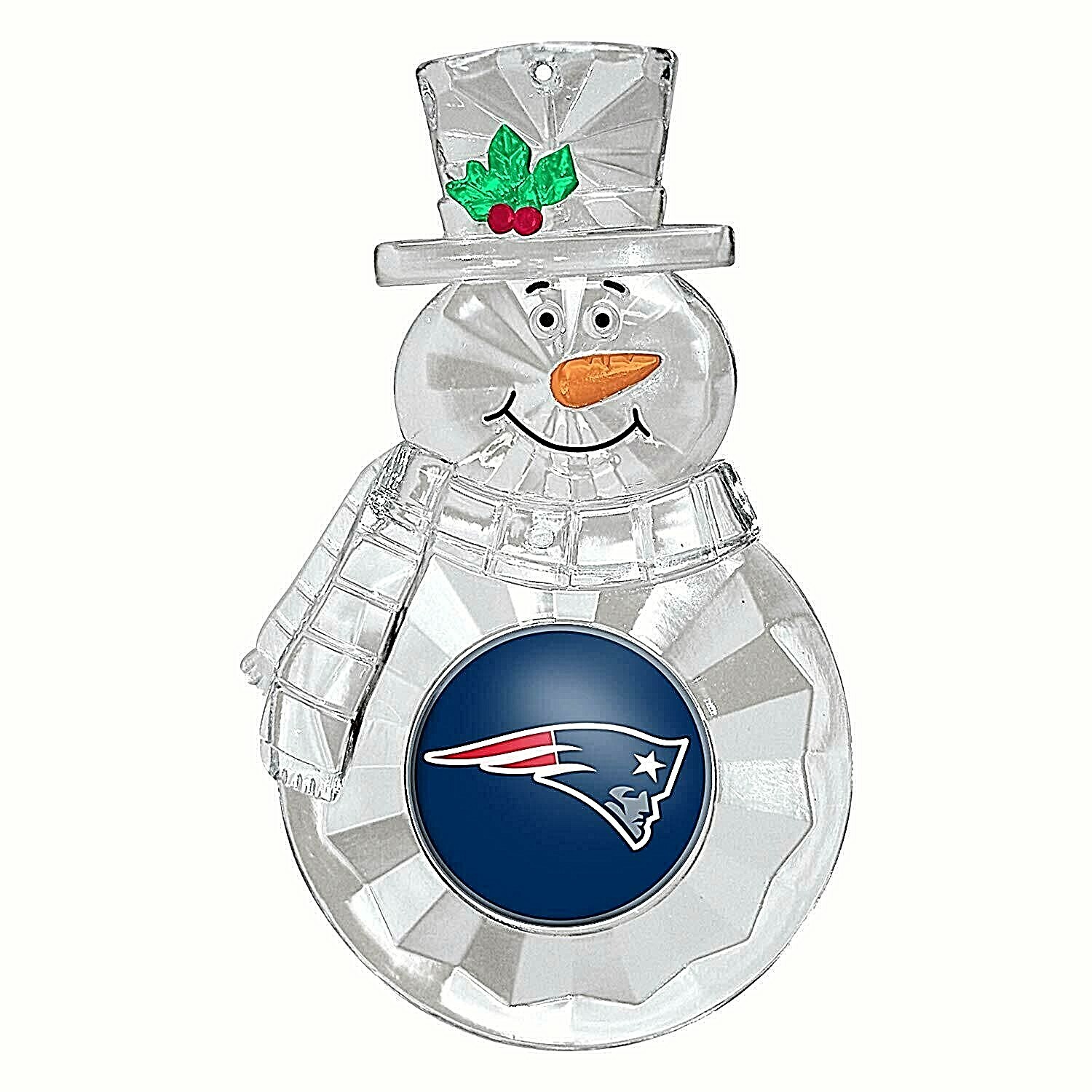 NEW ENGLAND PATRIOTS CLEAR SNOWMAN CRYSTAL ACRYLIC CHRISTMAS ORNAMENT WITH LOGO