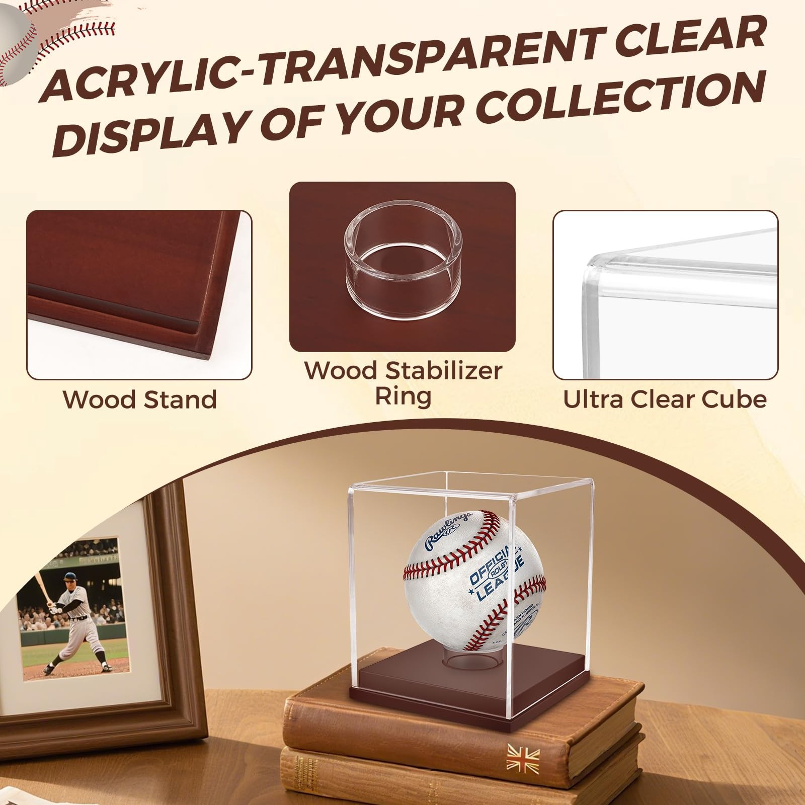 Softball Baseball Tennis Sports Ball Storage with Wooden Base Acrylic Display