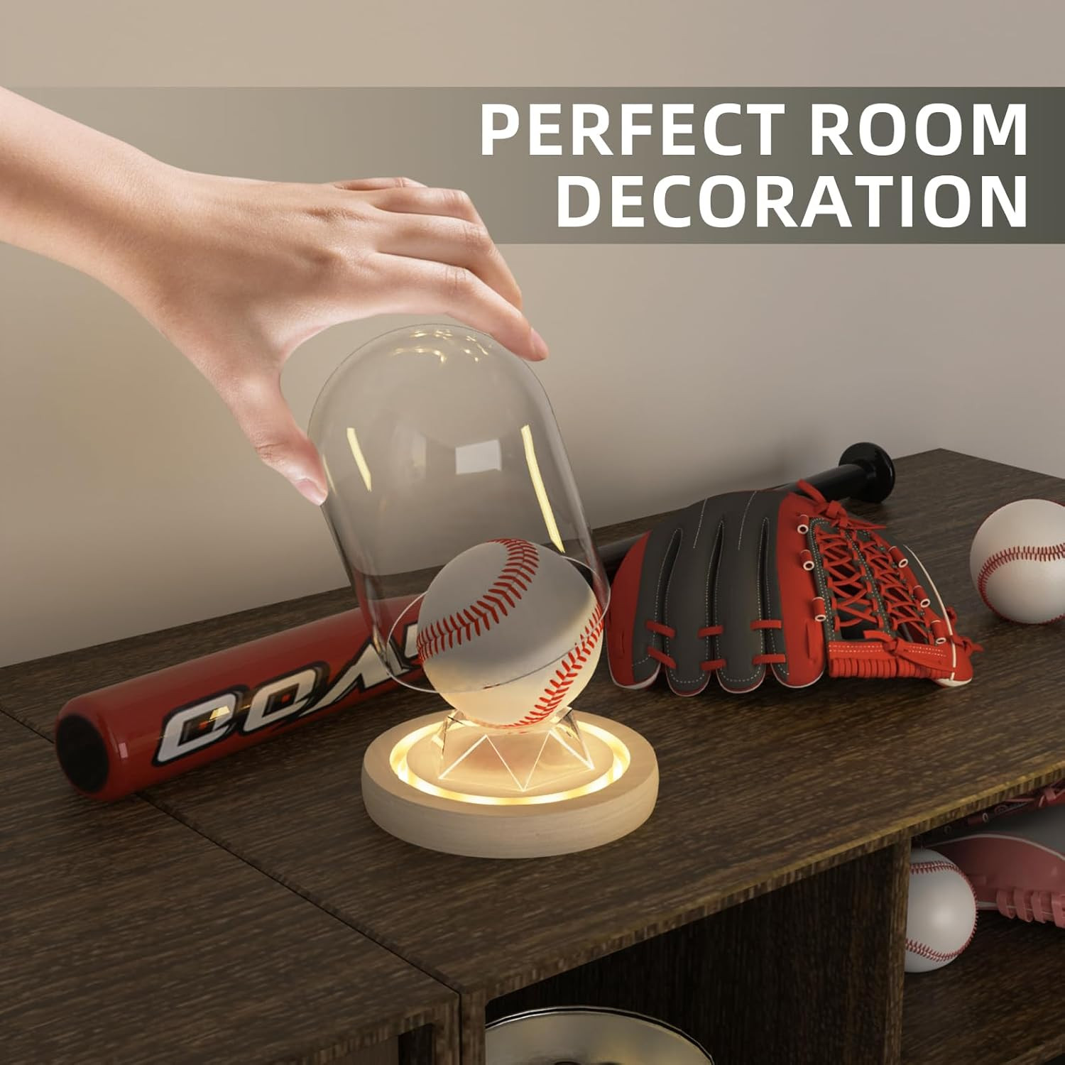 Baseball Display Case with LED Light Base, Glass Dome Cloche Baseball Holder for