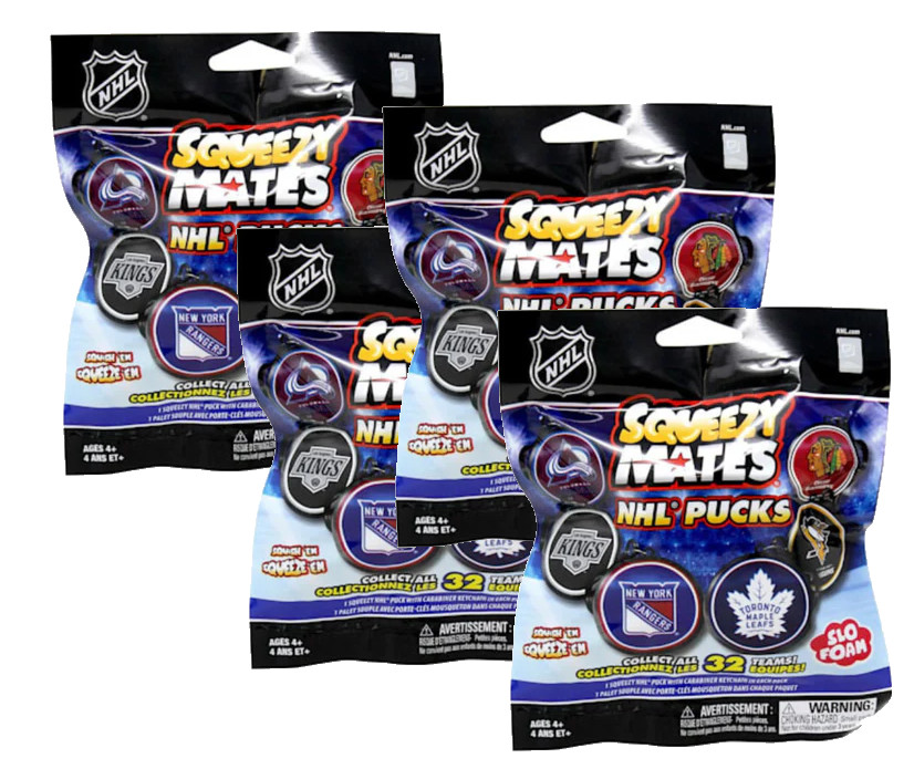 4 packs – SqueezyMates Gravity Feed NHL Hockey Pucks Mystery Packs – Series 1