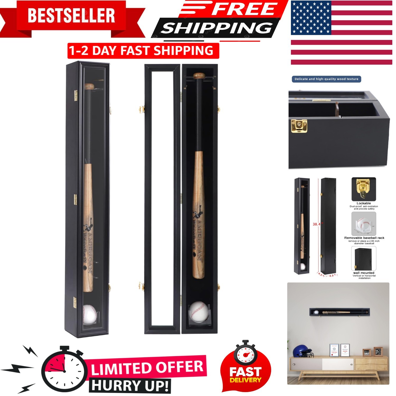 Baseball Bat Display Case – Baseball Bat Wall Mount Wooden Frame with Acrylic…