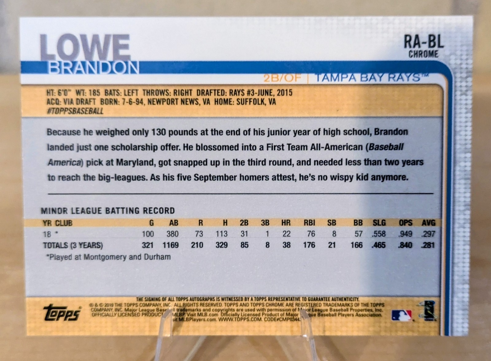 2019 Topps Chrome – Rookie Autographs Brandon Lowe #RA-BL (AU, RC) – Rays