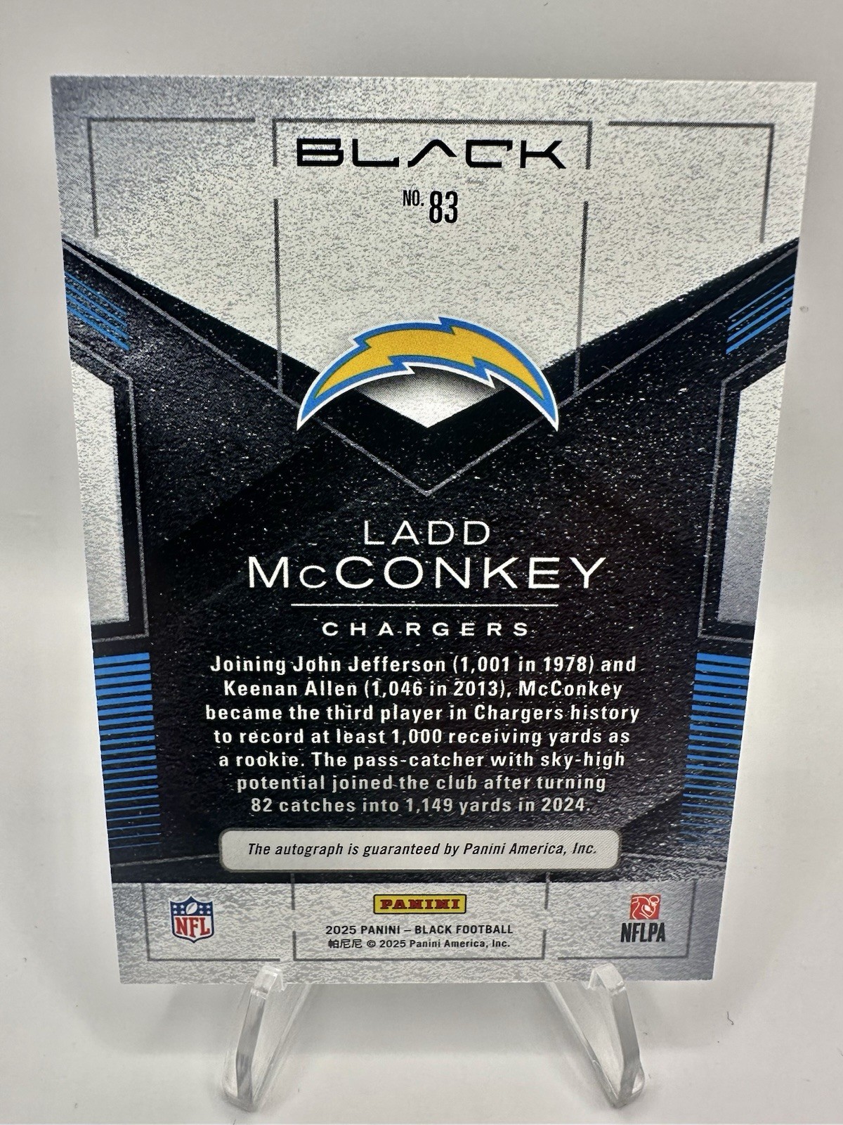 2025 Panini Black – Ladd McConkey #83 – Autograph Sapphire /50