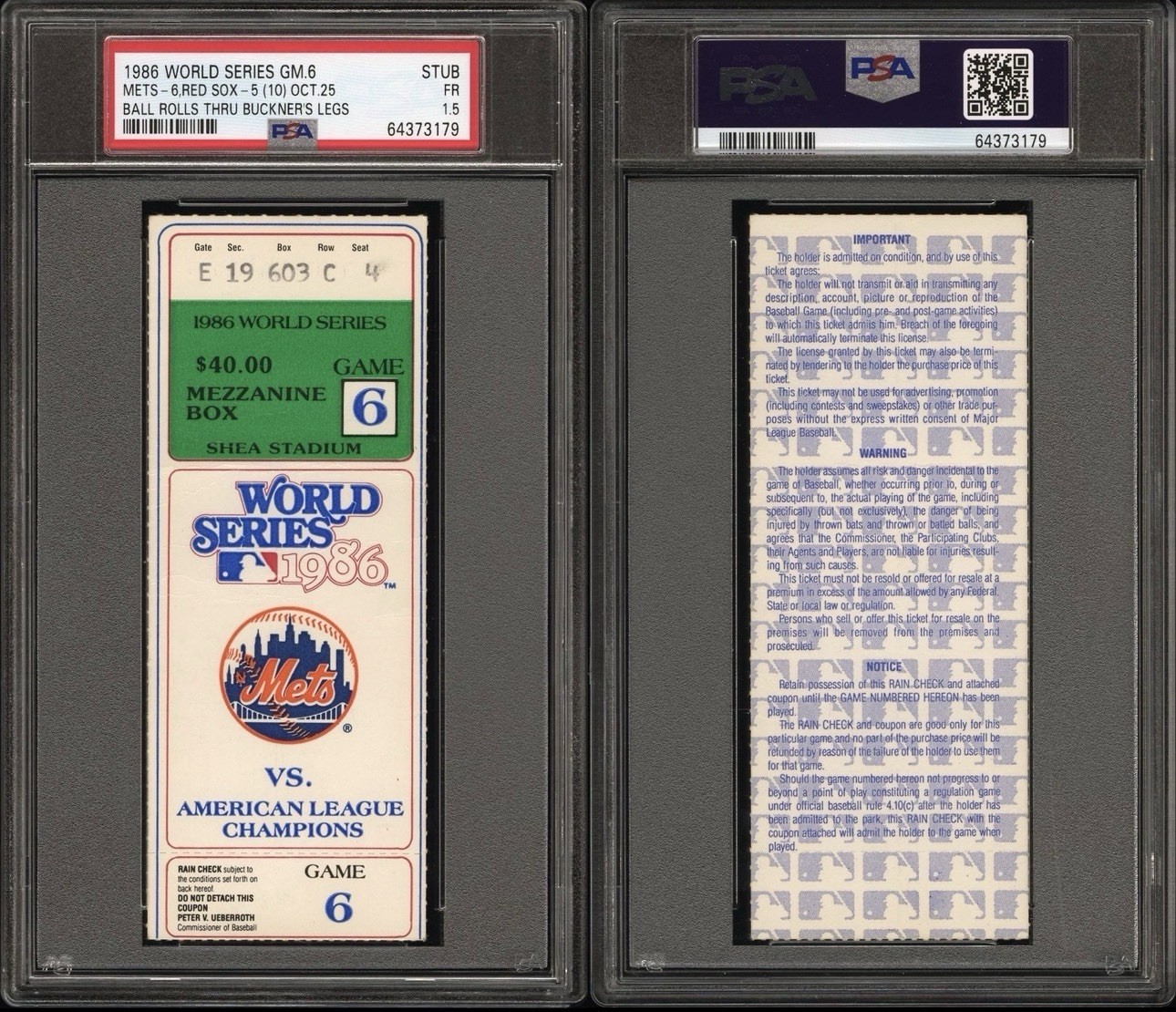 1986 WORLD SERIES GAME 6 “BALL ROLLS THRU BUCKNER’S LEGS” TICKET BOSTON/METS PSA