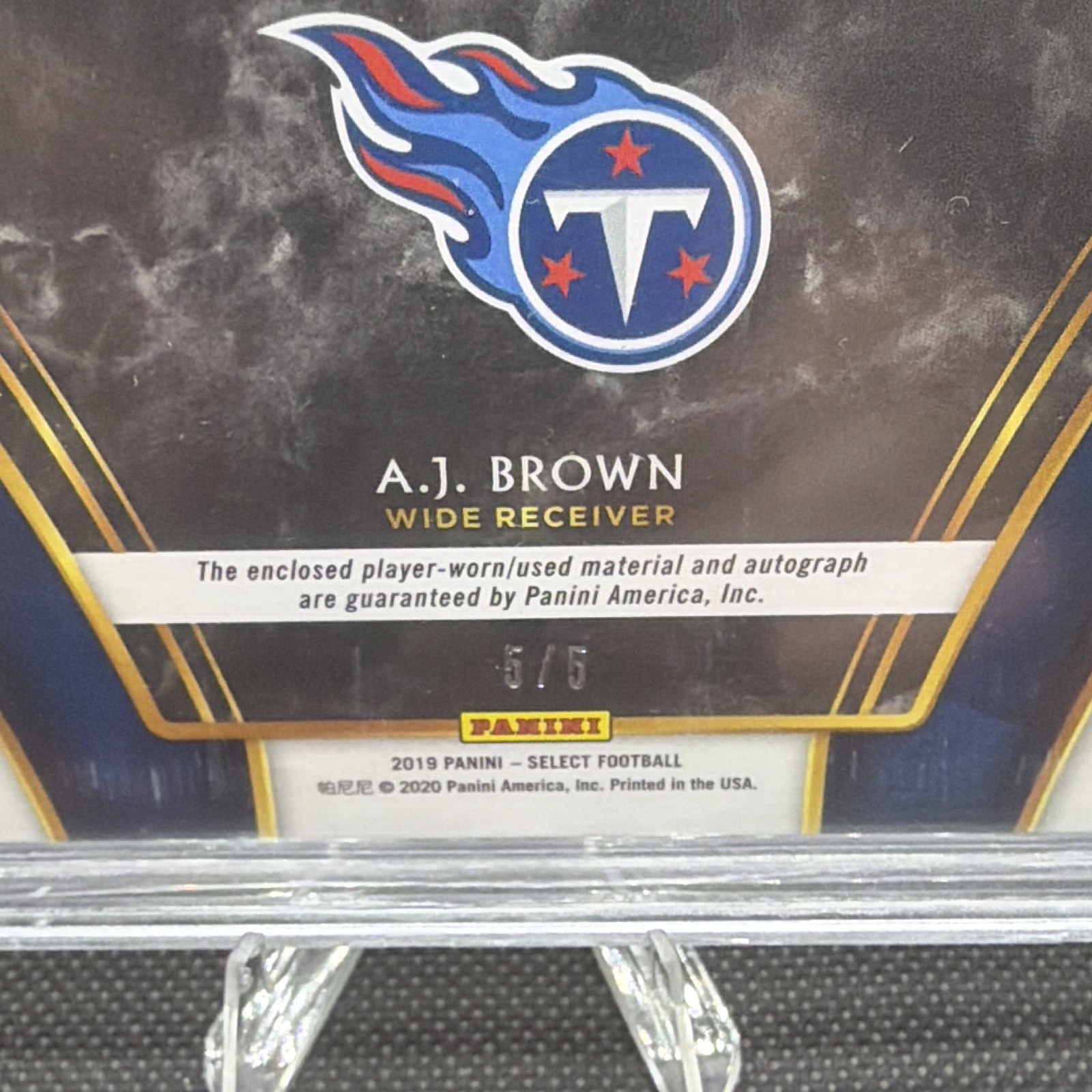 2019 Select A.J. Brown Rookie Game Worn patch Green Auto 5/5 (bookend) BGS 9