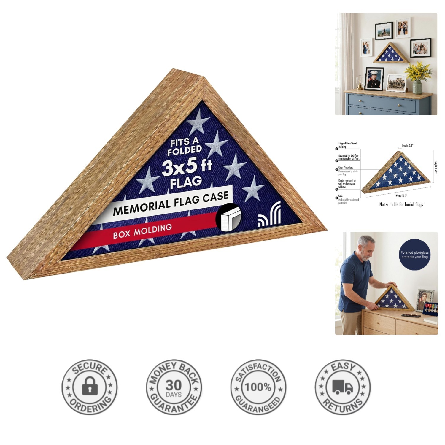Triangular Flag Display Box: Durable Barn Wood Frame for 3×5′ Ceremonial Flags