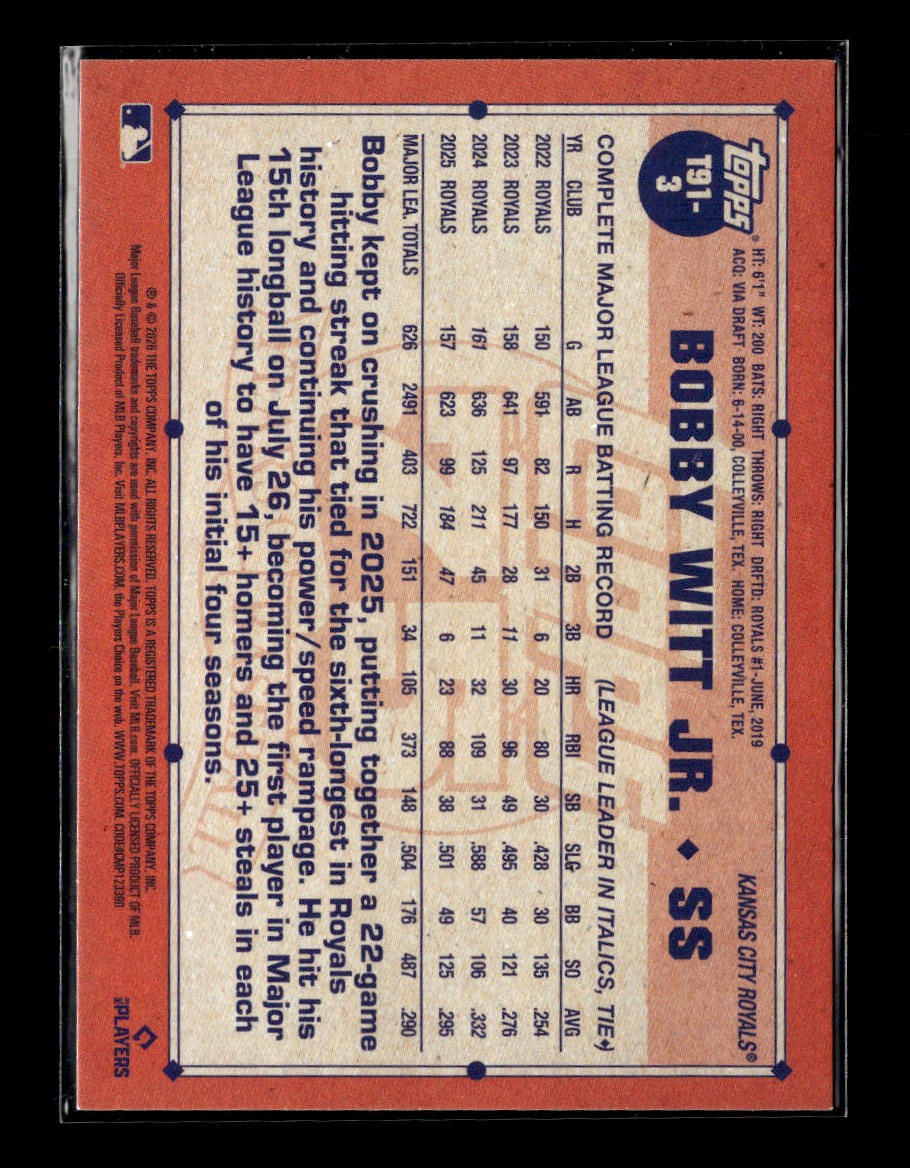 2026 Topps #T91-3 Bobby Witt Jr. Crackle Foil (Series One)