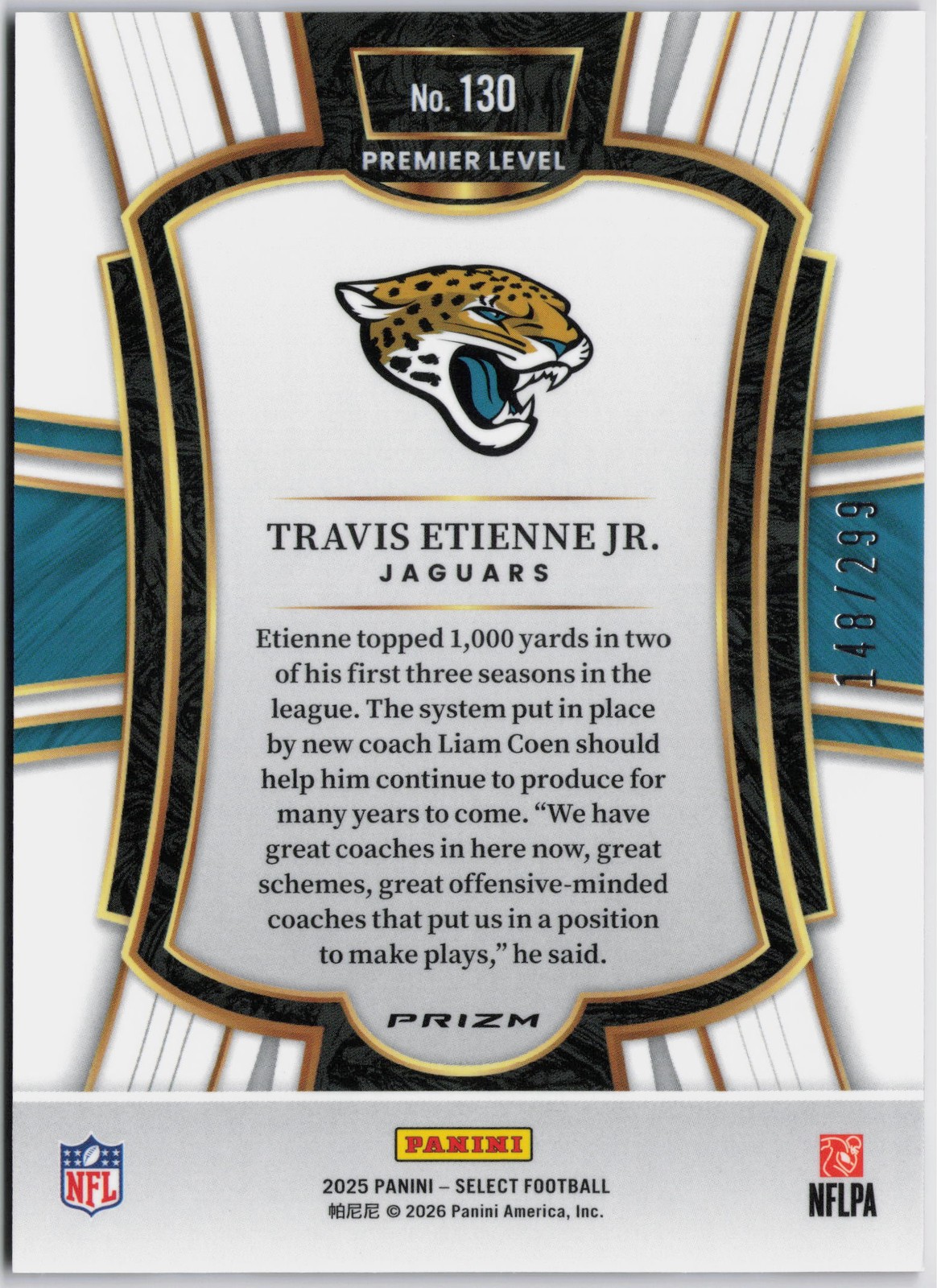 2025 Panini Select #130 Travis Etienne Jr. Tri-Color Prizm #/299