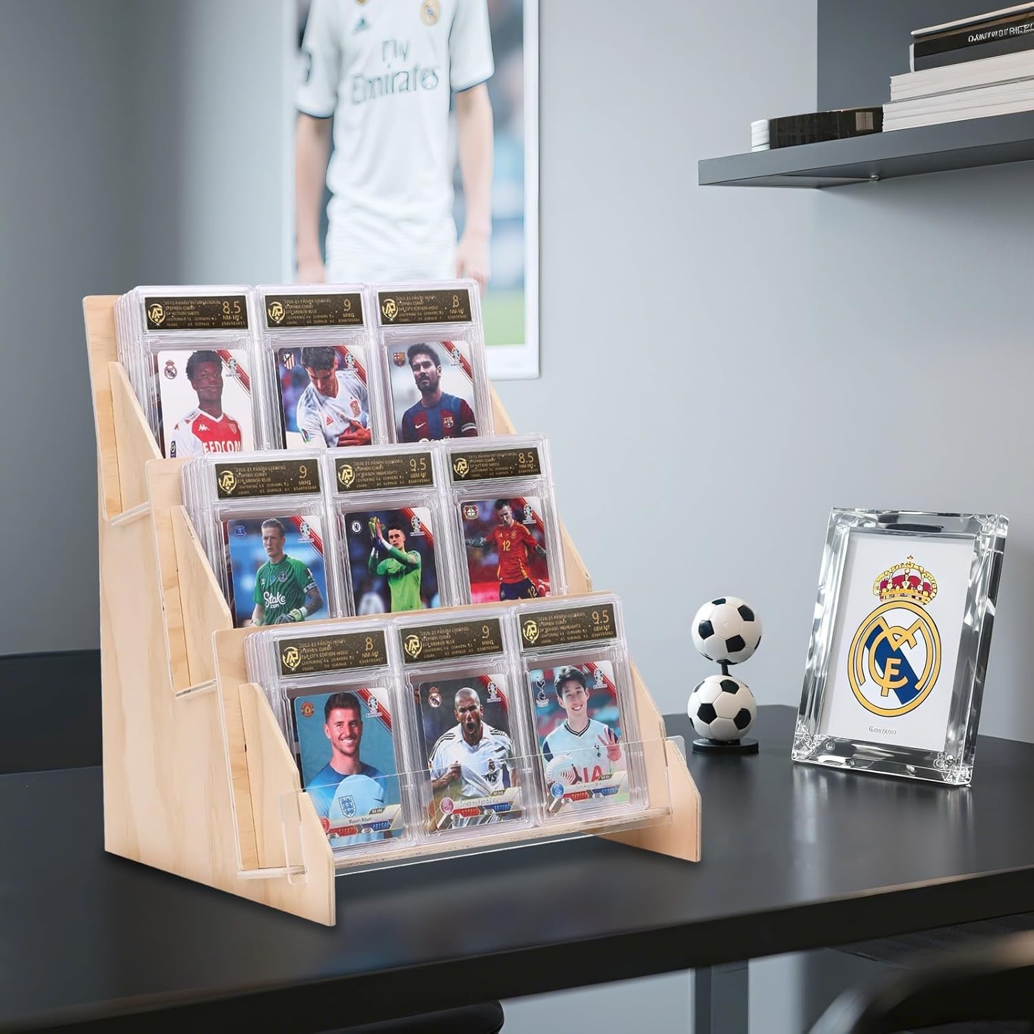Wooden Trading Card Display Stand, 3-Tier Card Holder for Graded, Sports and TCG