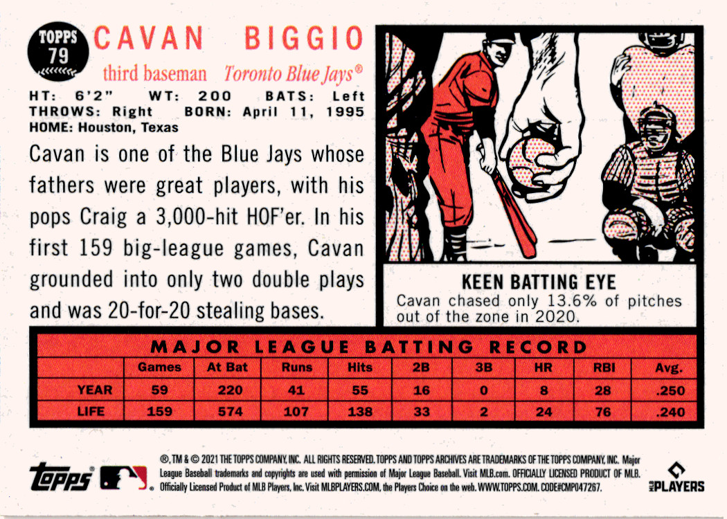 2021 Topps Archives Cavan Biggio #79 Toronto Blue Jays