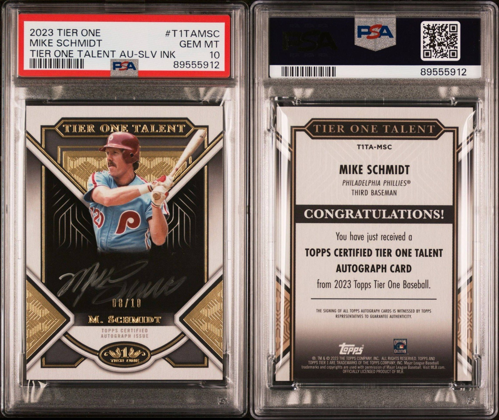 2023 Topps Tier One Mike Schmidt Auto 8/10 Silver Ink PSA 10 Pop 2 Phillies