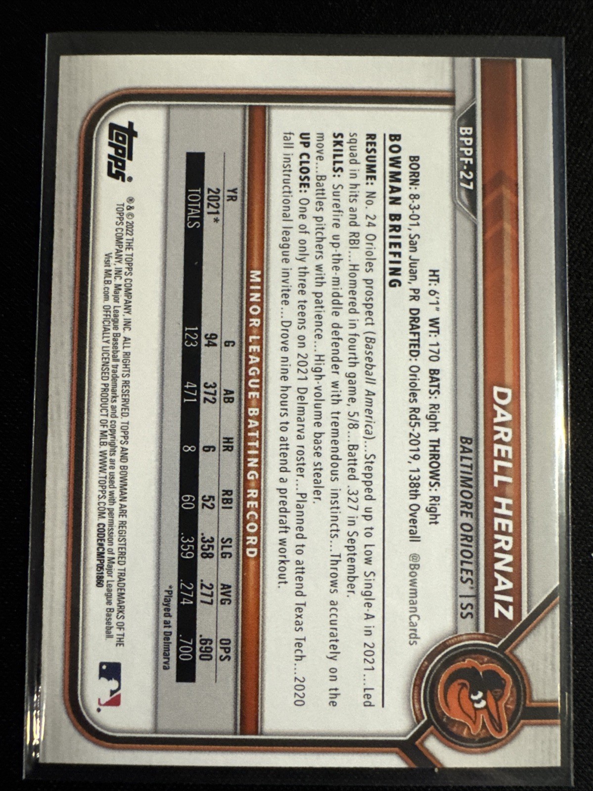 2022 Bowman DRAFT 1st EDITION 1st BOWMAN ROOKIE RC DARELL HERNAIZ