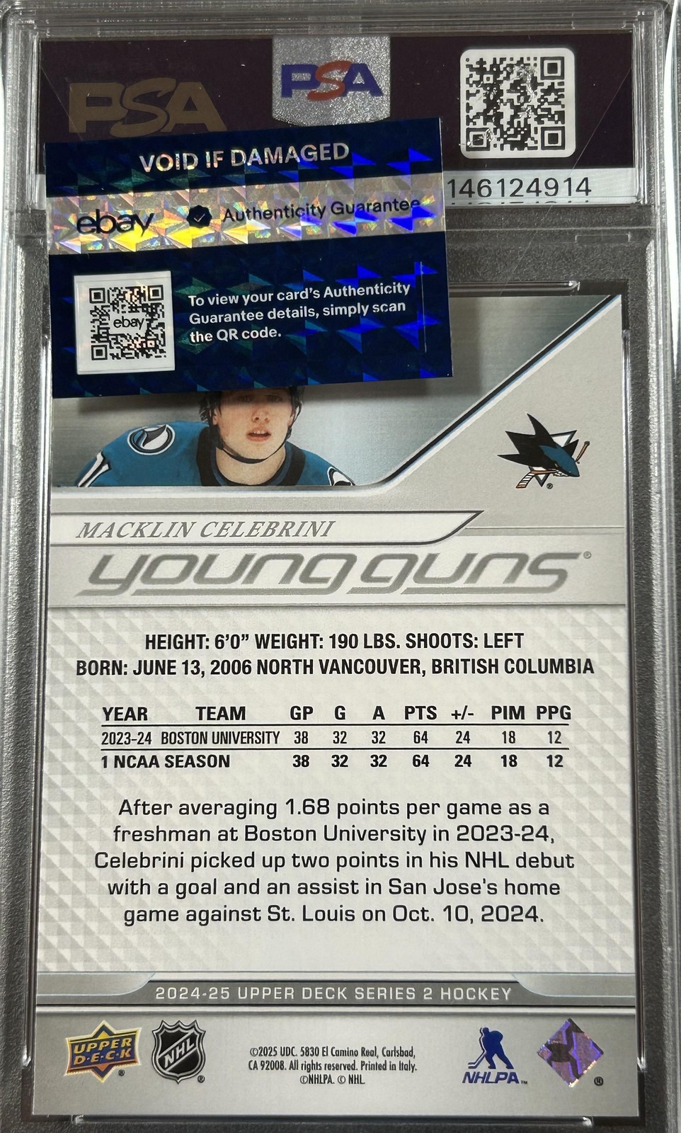 Macklin Celebrini 2024-25 Upper Deck Young Guns #451 San Jose Sharks PSA 9