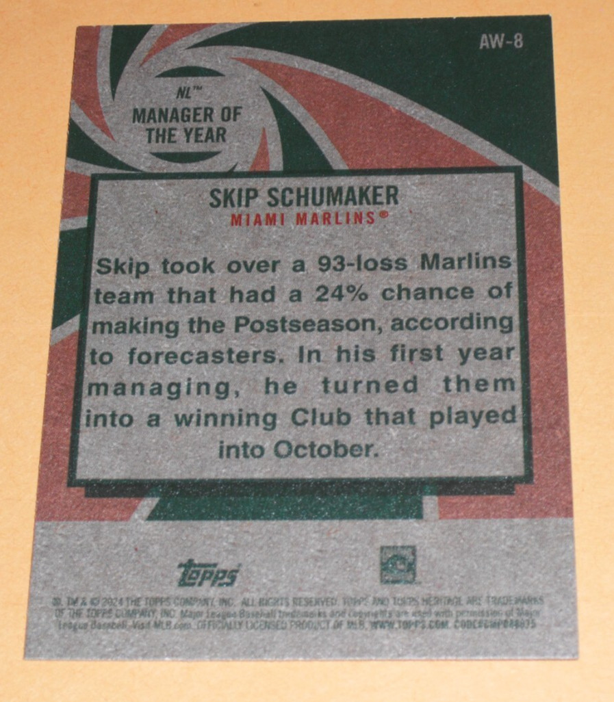 2024 Heritage High Number Skip Schumaker #AW-8 Miami Marlins NL Manager