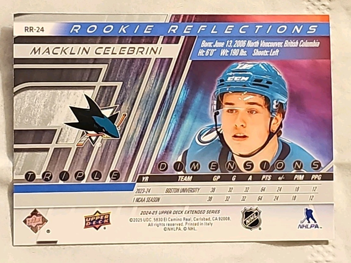 Macklin Celebrini 2024-25 UD Rookie Reflections Rookie Card RR-24 E-Pack Direct