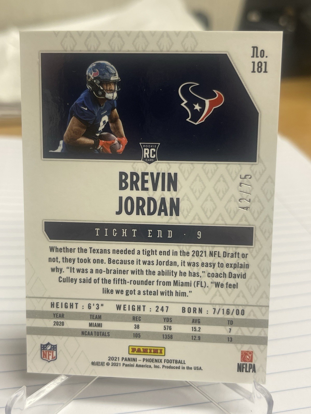 Brevin Jordan 2021 Panini Phoenix RC Rookie #181 Yellow /75 TEXANS