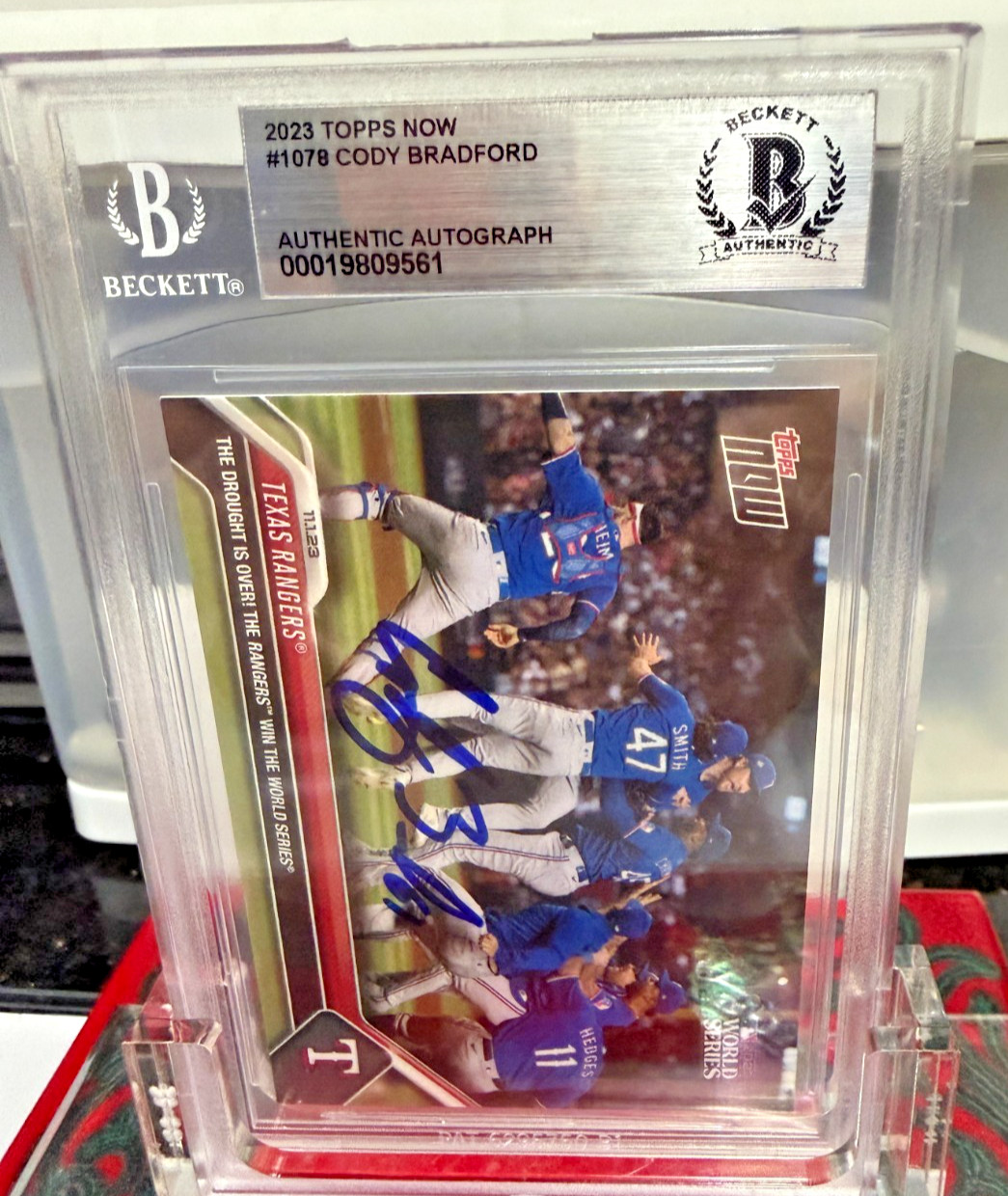 TX Rangers Win First World Series 2023 Topps Now 1078 Cody Bradford Auto BAS COA