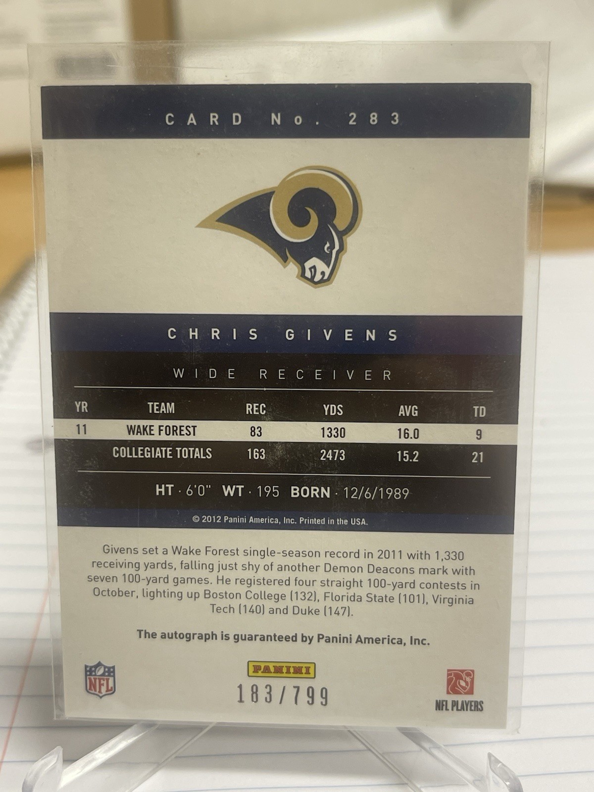 2012 Panini Prestige #283 Chris Givens Rookie /799 Auto Rookie Rams