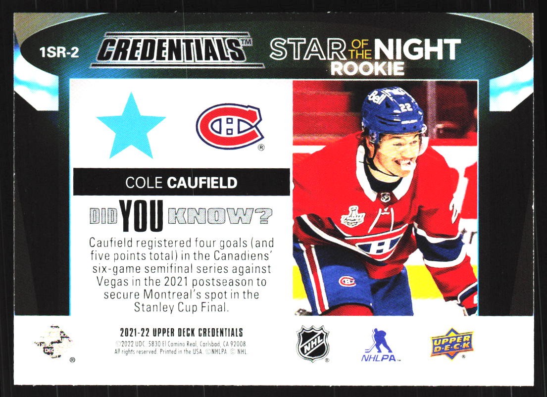 2021-22 Upper Deck Credentials #1SR-2 Cole Caufield Star of the Night RC