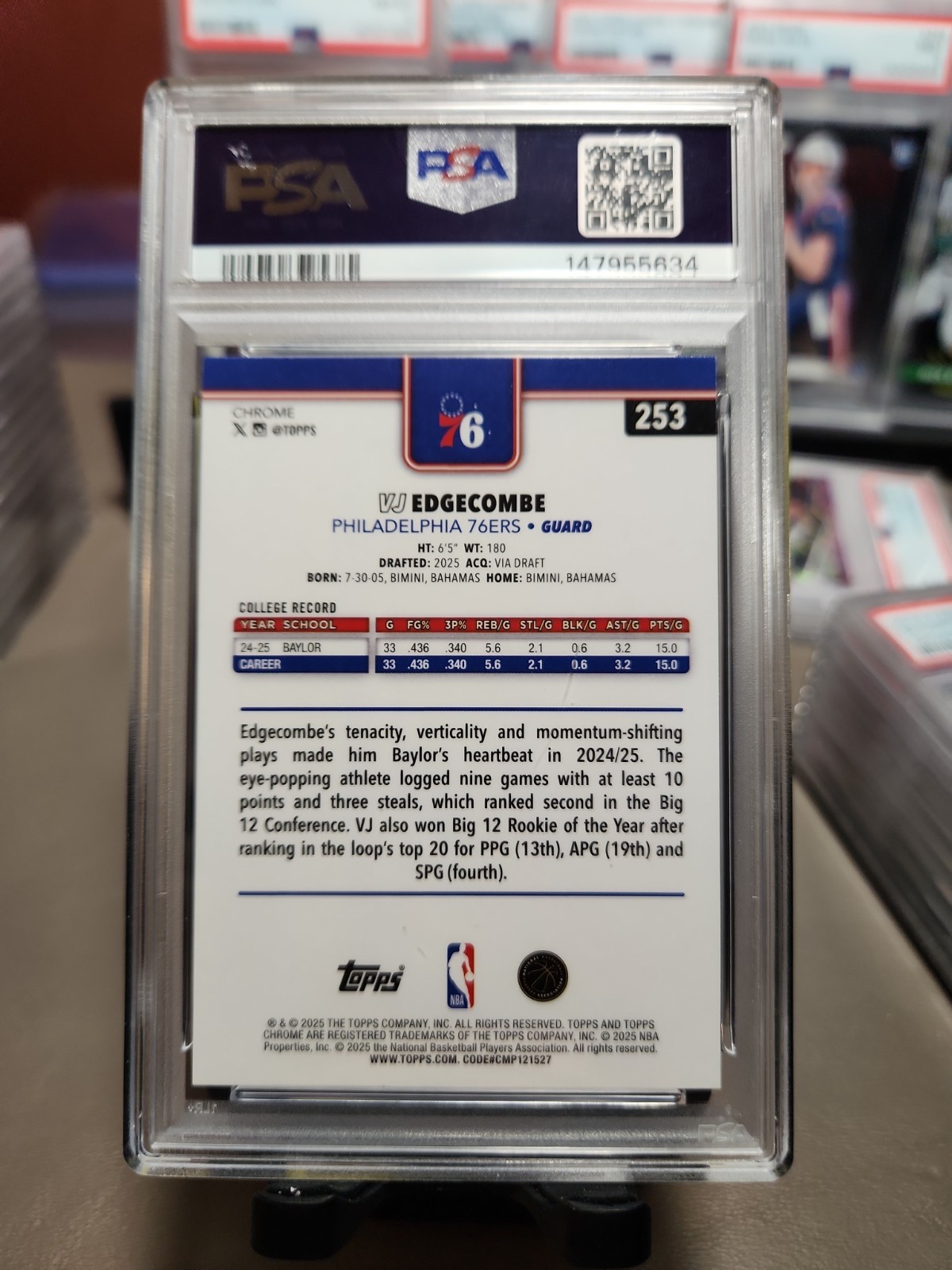 2025-26 Topps Chrome – VJ Edgecombe #253 Prism Refractor (RC) PSA NM-MT 8 NBA