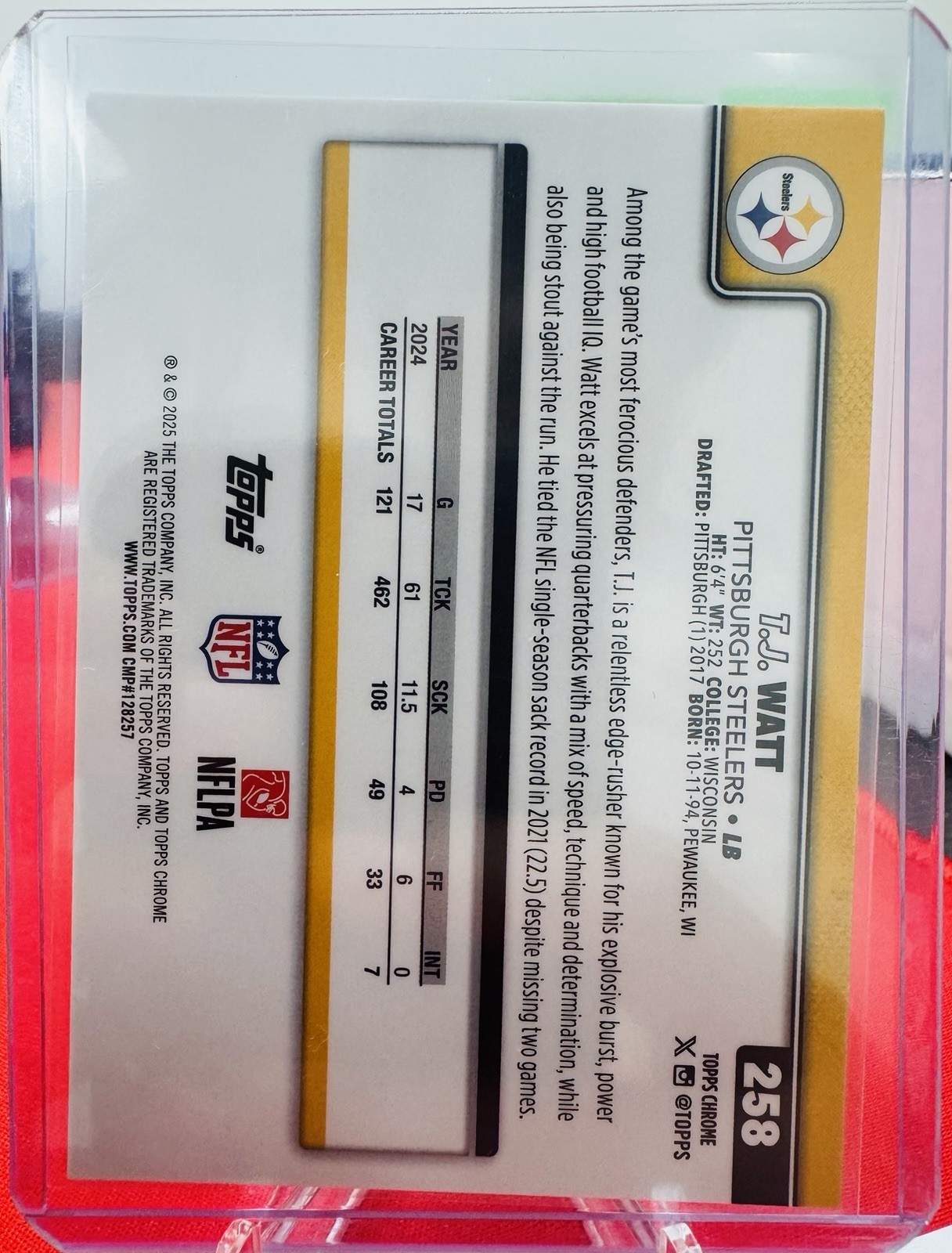 2025 Topps Chrome TJ Watt Gold Wave Refractor 31/50 #258 Steelers Color Match
