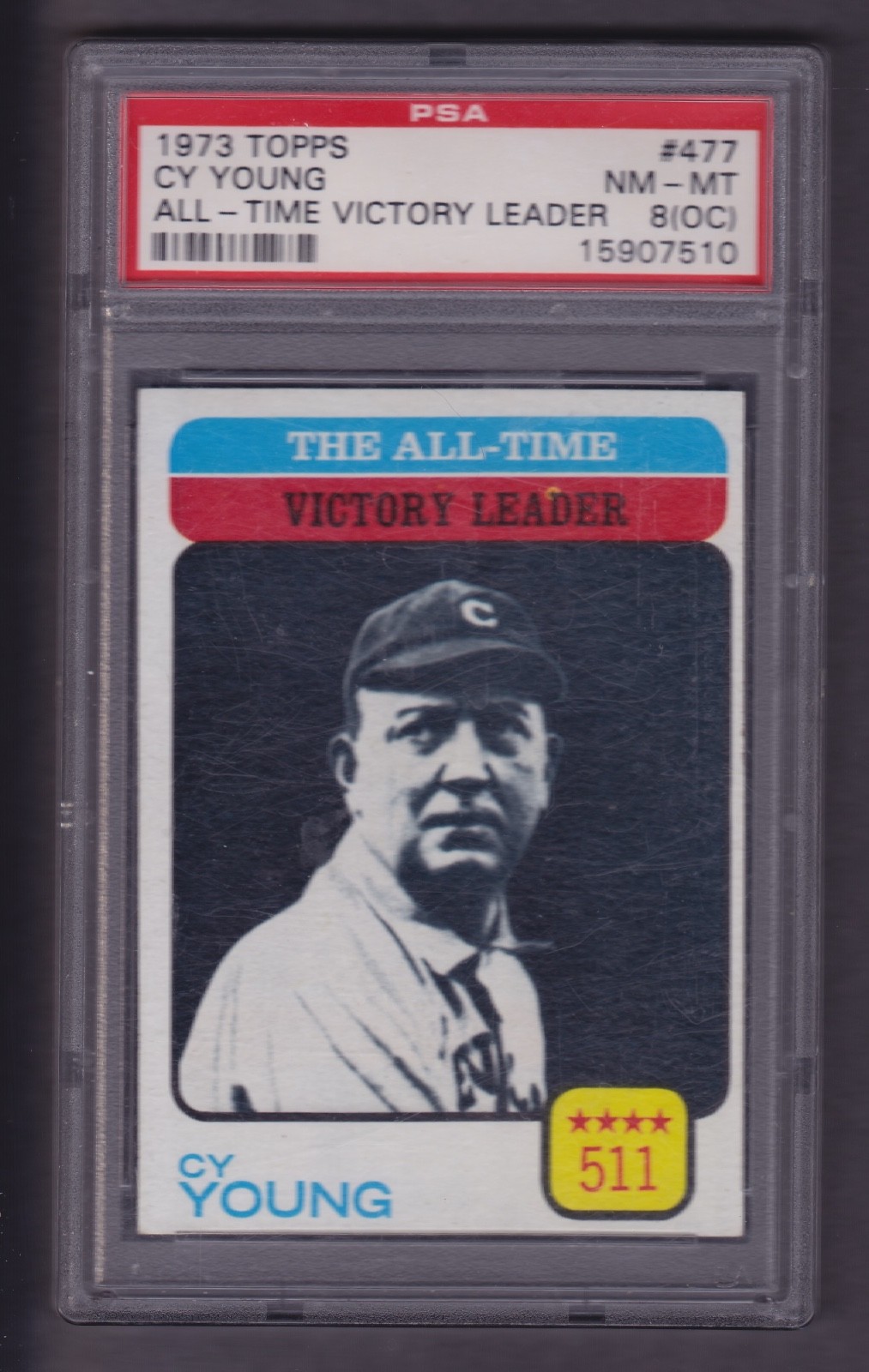 1973 TOPPS #477 CY YOUNG SPIDERS ALL-TIME VICTORY LEADERS PSA 8(OC) NM-MT