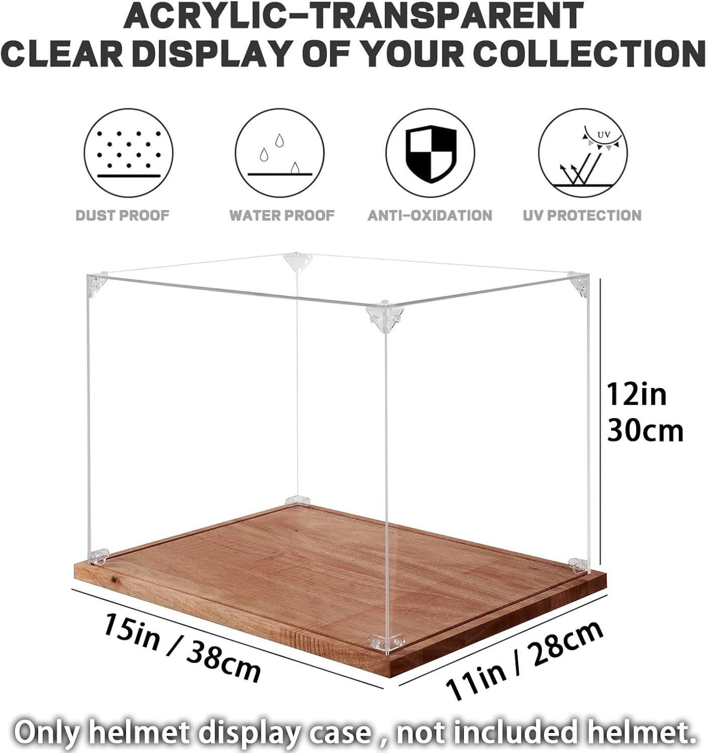 Acrylic Football Helmet Display Case with Solid Wood Base, UV Protection