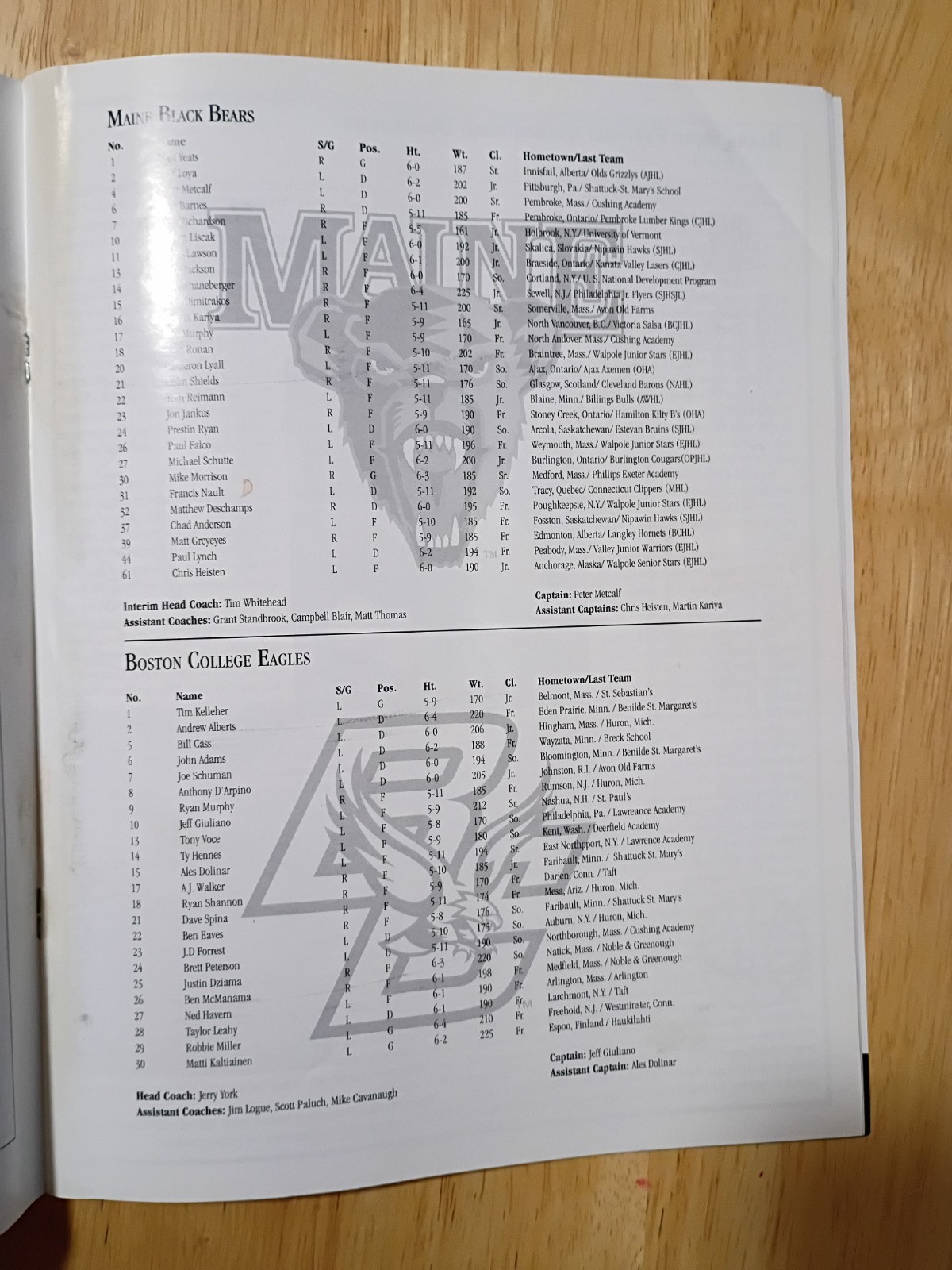 2001 Maine Mens Ice Hockey Game Program BC Boston College At Alfond 12/7-8