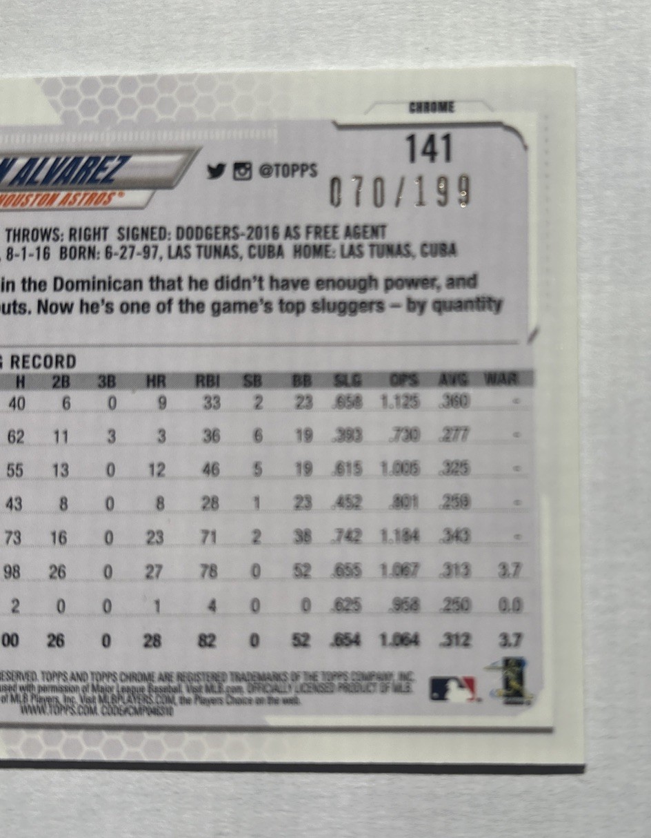 2021 Topps Chrome #141 Yordan Alvarez Aqua Refractor #/199 Houston Astros
