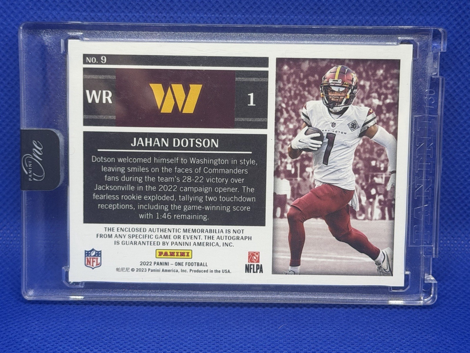 ‘22 Panini One Rookie Patch Autograph Jahan Dotson AU, MEM, RC) Commanders /99