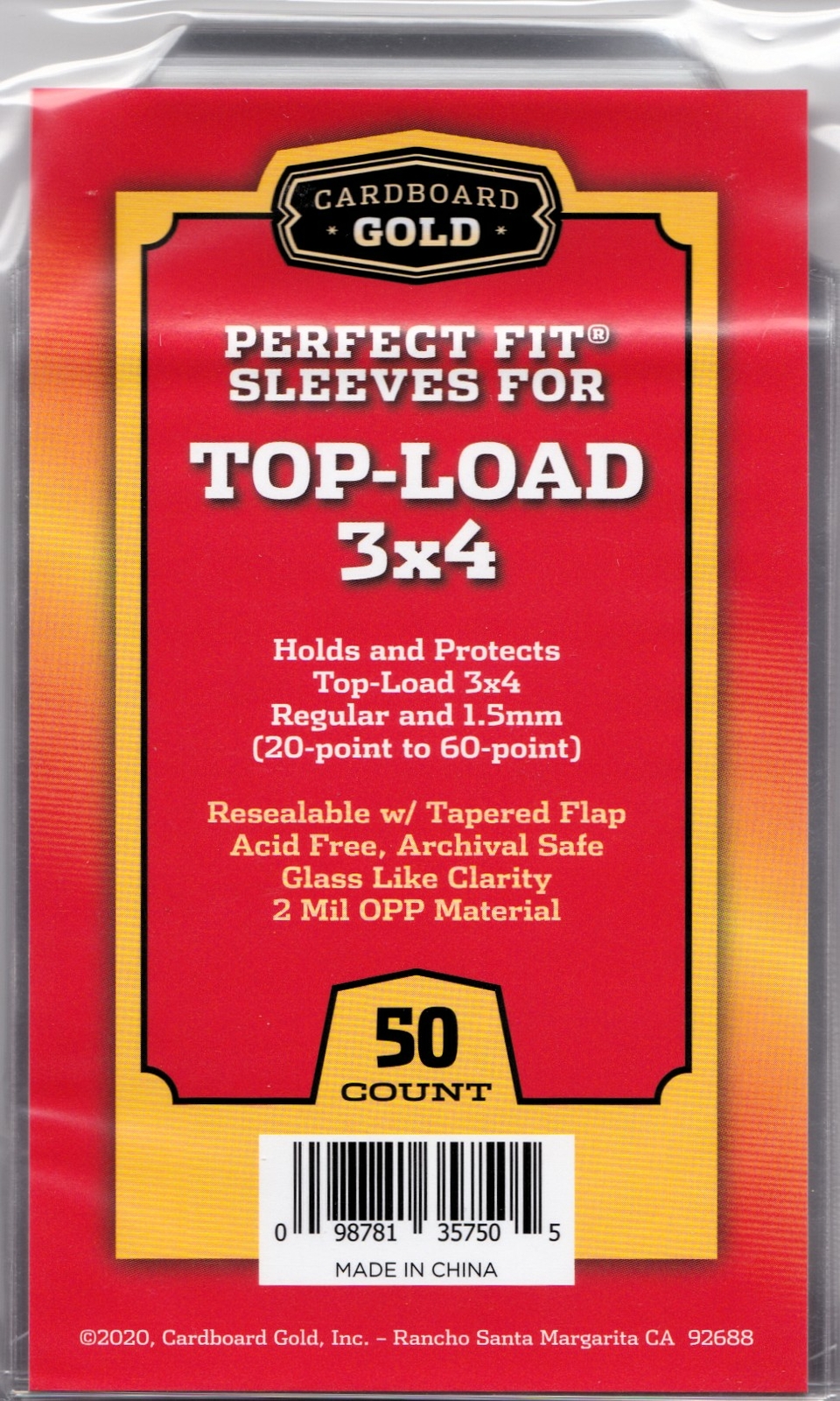 2 X 50 = 100 Perfect Fit Sleeves for 20-55 PT Regular 3 X 4 Top-Loaders CBG