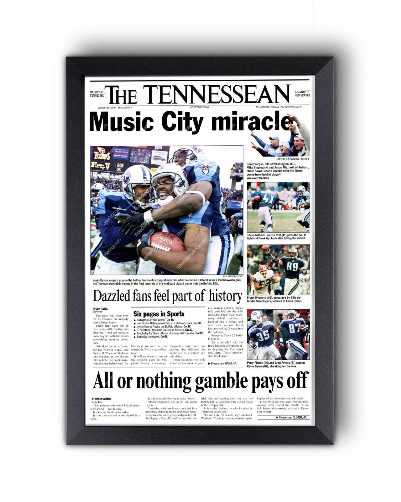 2000 Tennessee Titans ‘Music City Miracle’ Framed Newspaper.