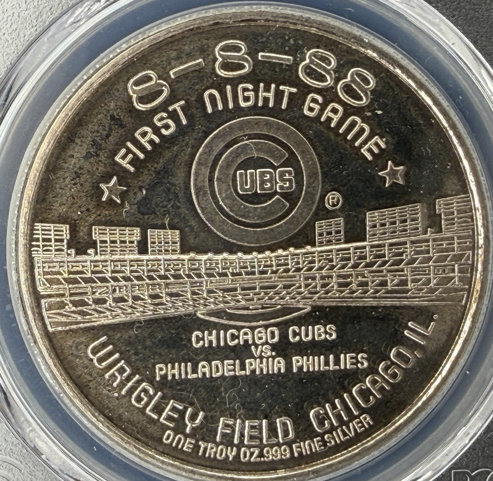 1 OF A KIND!! PCGS MS66 “8-8-88”Cubs First Night Game .999 Silver Round.