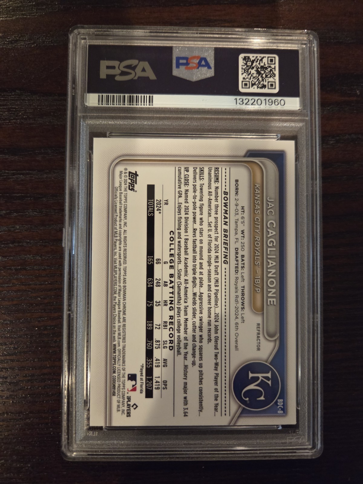 Jac Caglianone 2024 Bowman Chrome Draft #BDC-8 Refractor 1st Prospect RC PSA 9