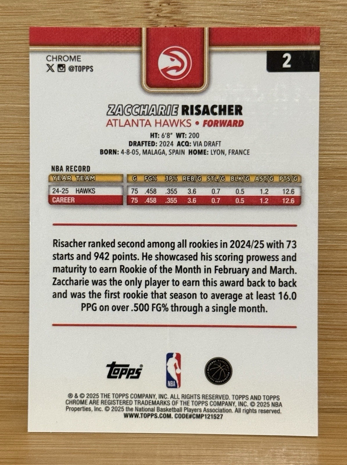 2025-26 Topps Chrome – Zaccharie Risacher #2 Gold Geometric Refractor /50