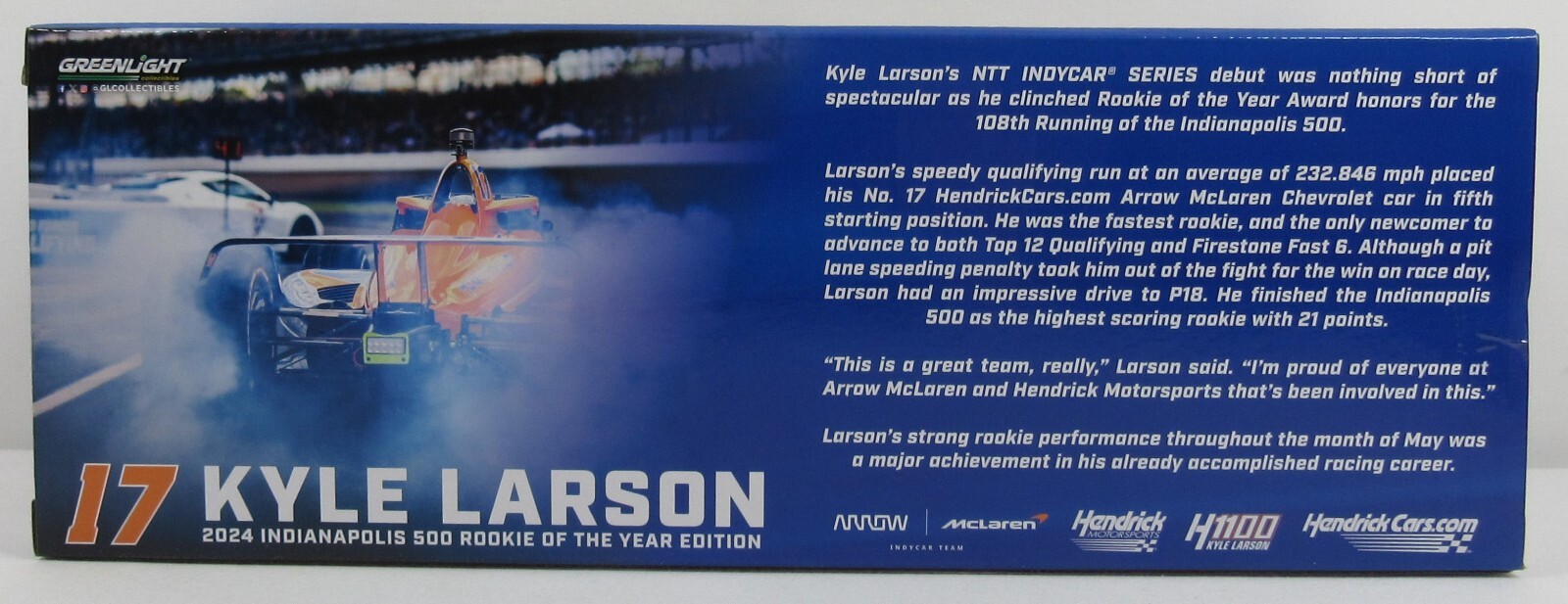 2024 Diecast Scale: 1:18 Indy 500 Rookie of The Year Kyle Larson H1100 Hendrick