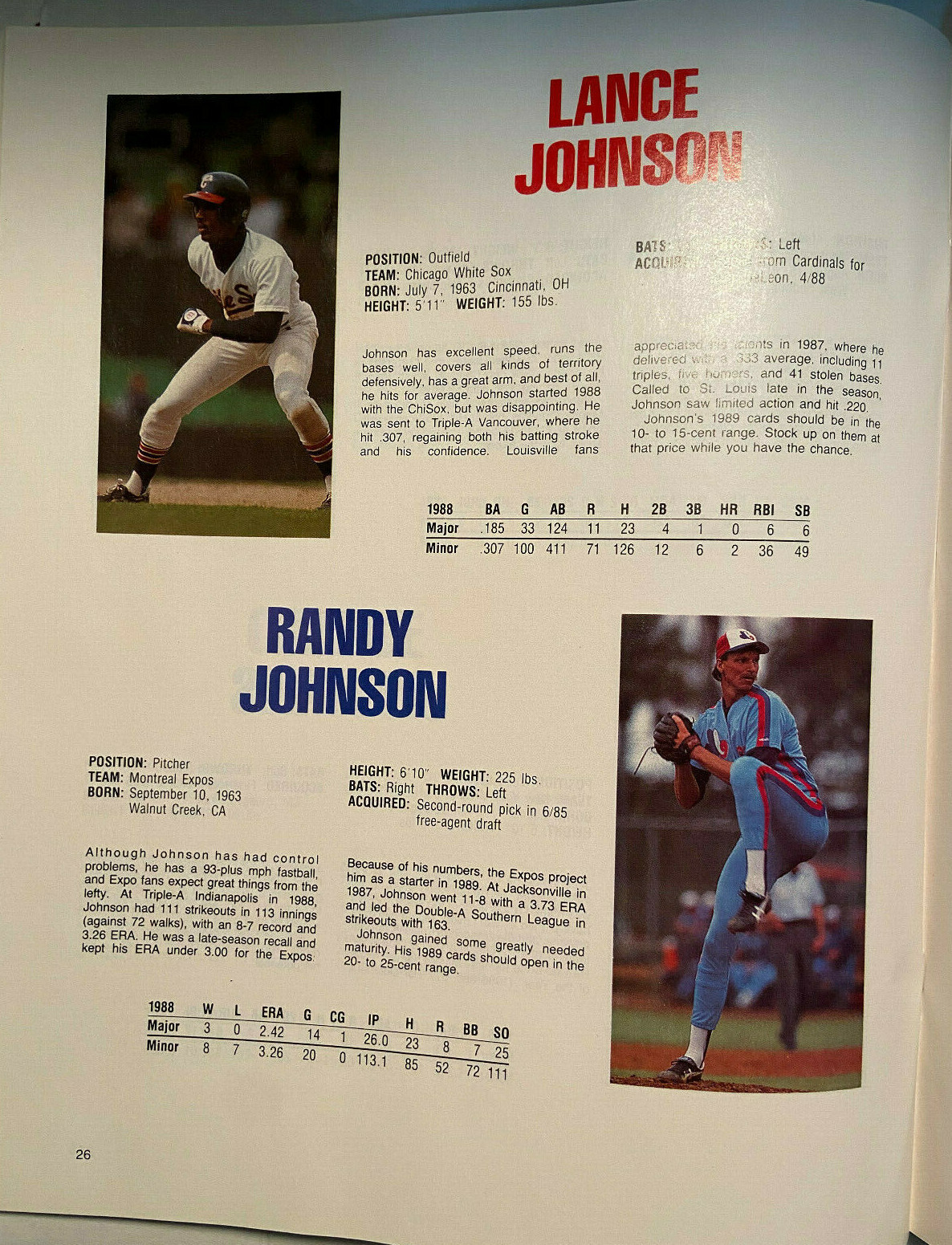 1988/89 Score Magazine | Baseball’s 100 Hottest Rookies | Randy Johnson