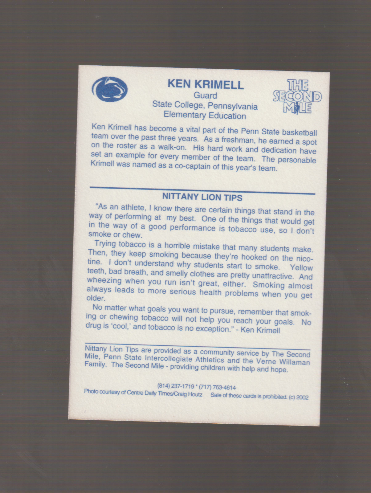 ken krimell,2002 penn state university nittany lions,state college pennsylvania