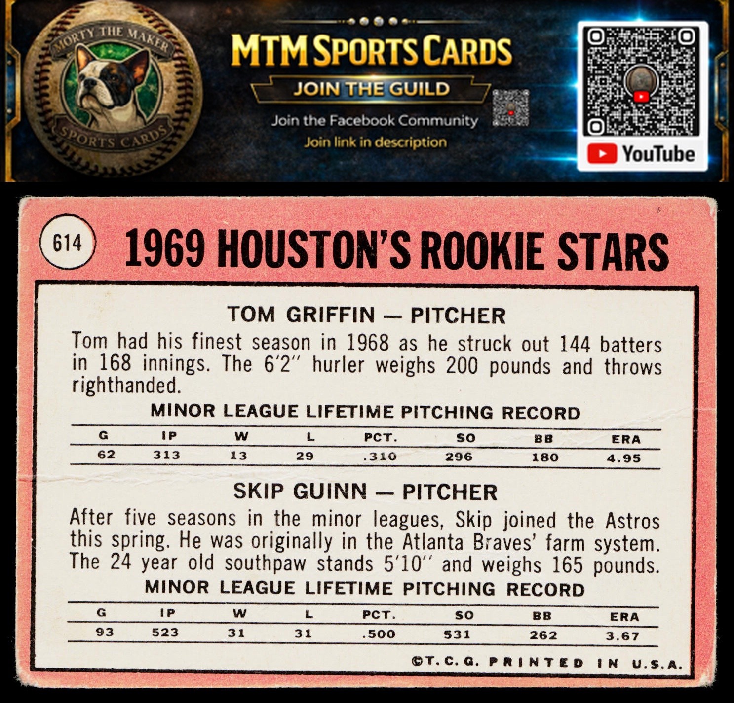 1969 Topps #614 Houston 1969 Rookie Stars (Tom Griffin / Skip Guinn)