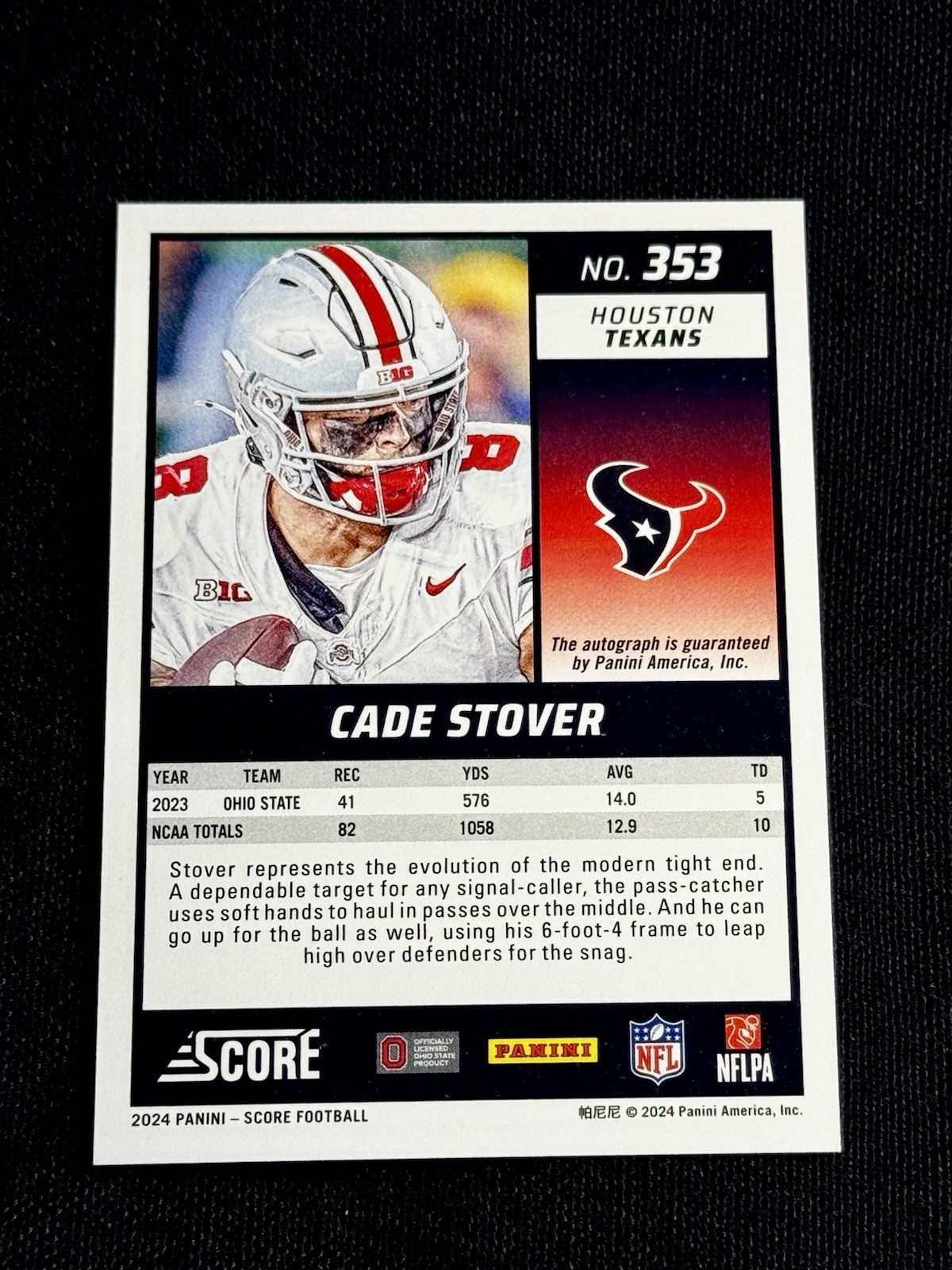 2024 Score Green – Rookies Cade Stover #353 Autographed (AU, RC) Texans NFL