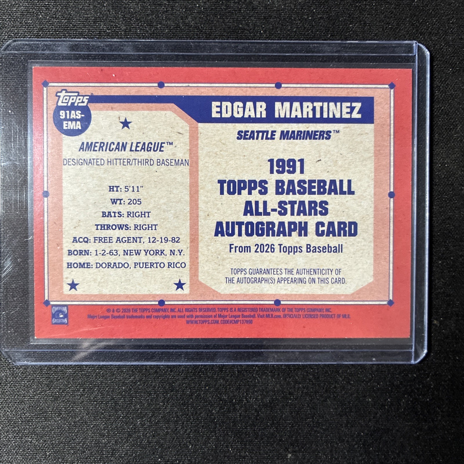 2026 Topps Series 2 #91AS-EMA Edgar Martinez 1991 Topps AS Auto Blue #016/150