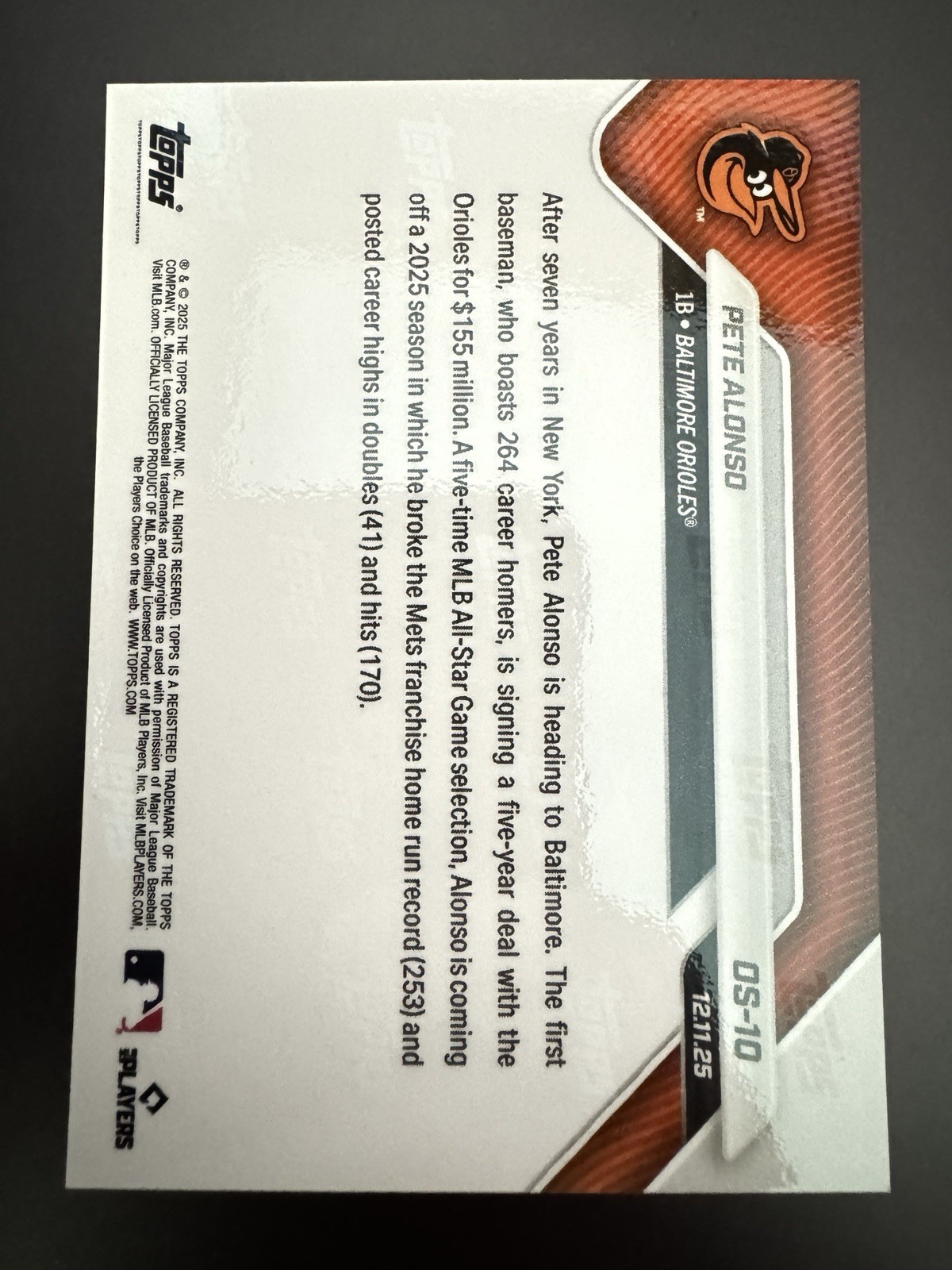 2025 Topps Now Offseason OS-10 Pete Alonso SIGNED Baltimore Orioles 5 Years