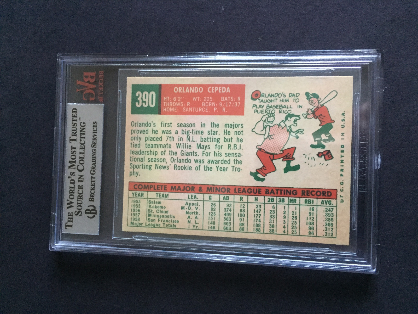 1959 TOPPS ORLANDO CEPEDA BVG 8.5 CARD NO:390 NEAR MINT-MINT PLUS CONDITION