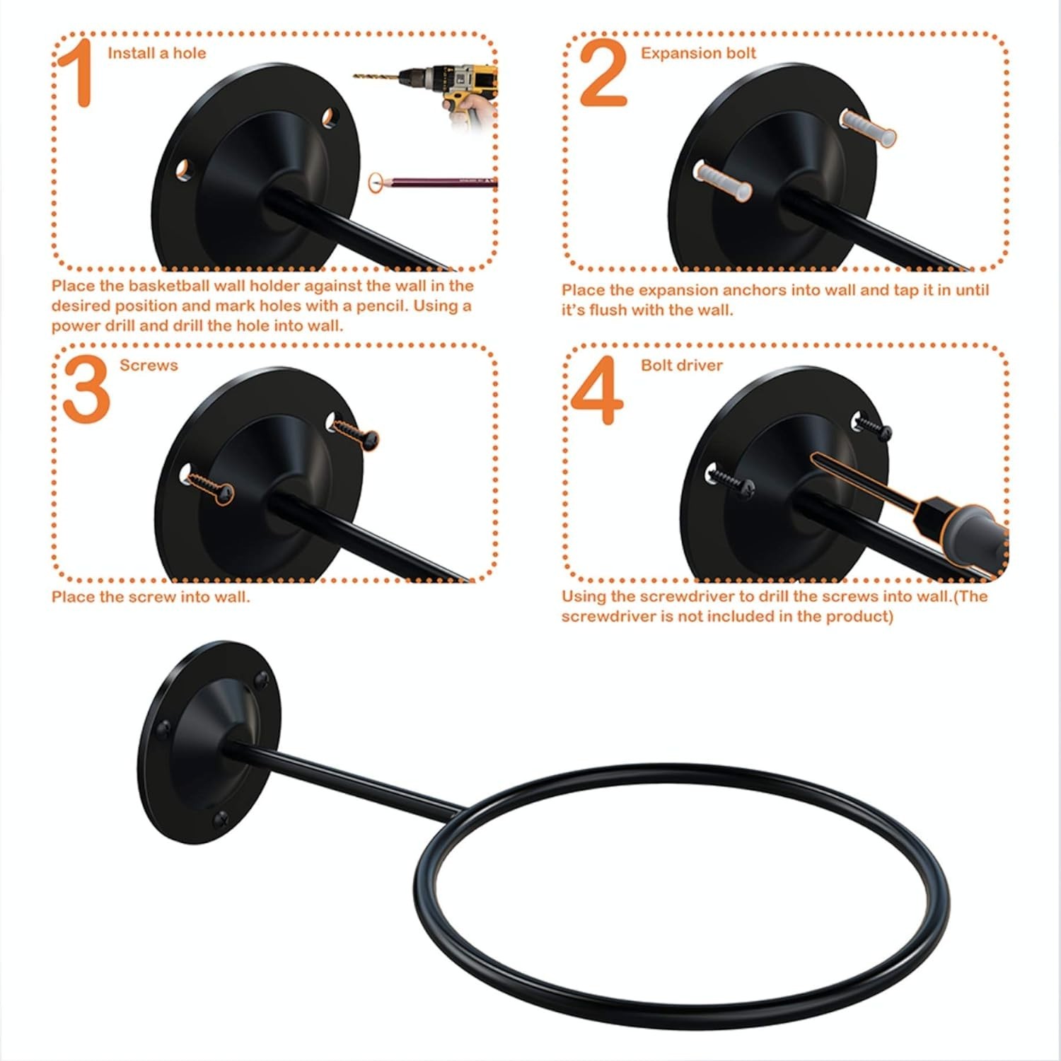 Compact Black Sports Ball Display Holder – Perfect for Basketball & Football